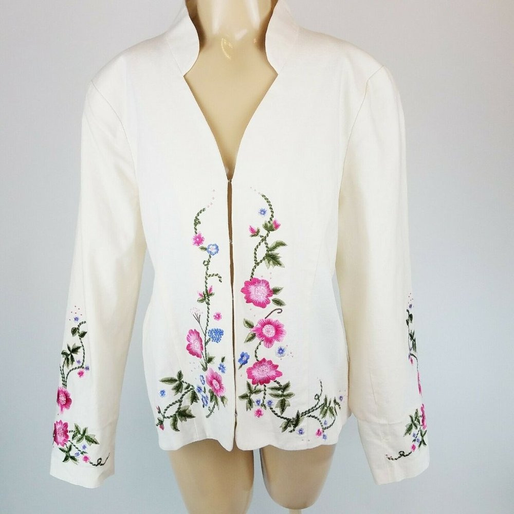 Look East QVC White Linen Floral Jacket Blazer M
